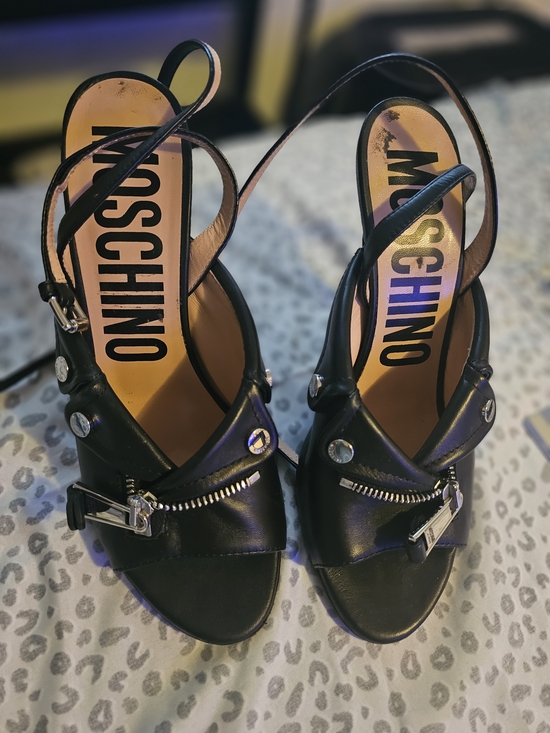 Moschino Shoes - Moschino Black Leather Moto Biker Jacket Ankle Strap Sandals Size 39